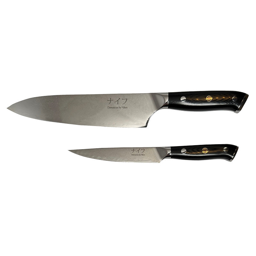 Damascus Chef kokkekniv og Utility kniv med sort skaft