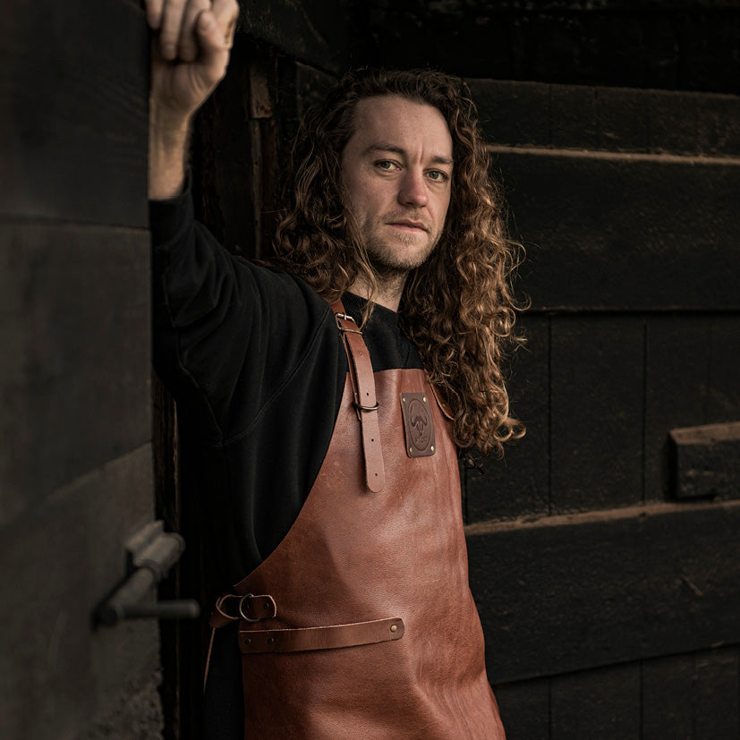 Damascus Chef kniv og Utility kniv + Witloft Læderforklæde Buffalo Cognac