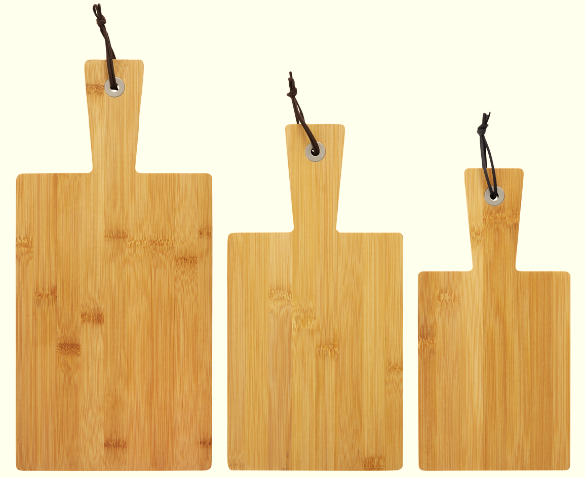 Bambusskærebræt 3 størrelser med håndtag og læder strop
