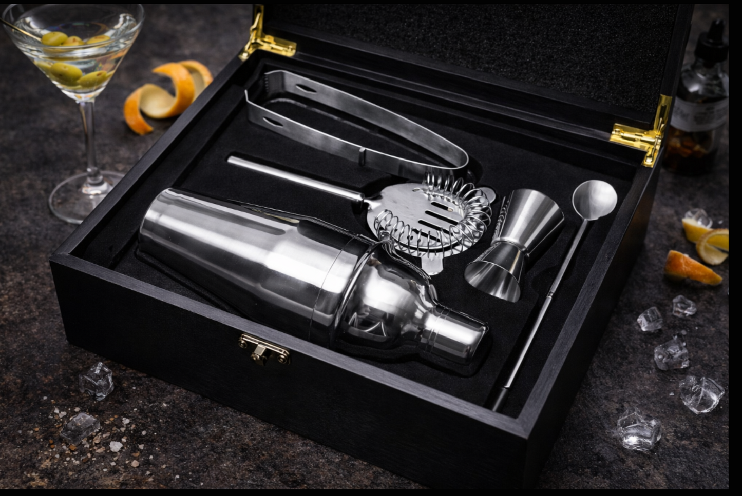 Eksklusivt Cocktail Bundle – Laguiole Barsæt, Legnoart Skærebræt &amp; 2 Ginglas