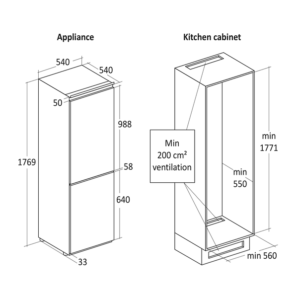Integrerbar køle/fryseskab 250 liter - BIC 336 W Scandomestic