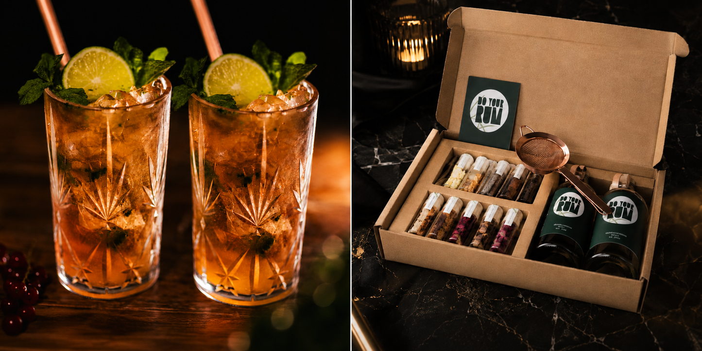 Do Your Own Rom Gaveæske + 2 stk. Premium Highball Glas fra GraMonty – Eksklusivt Rom Bundle