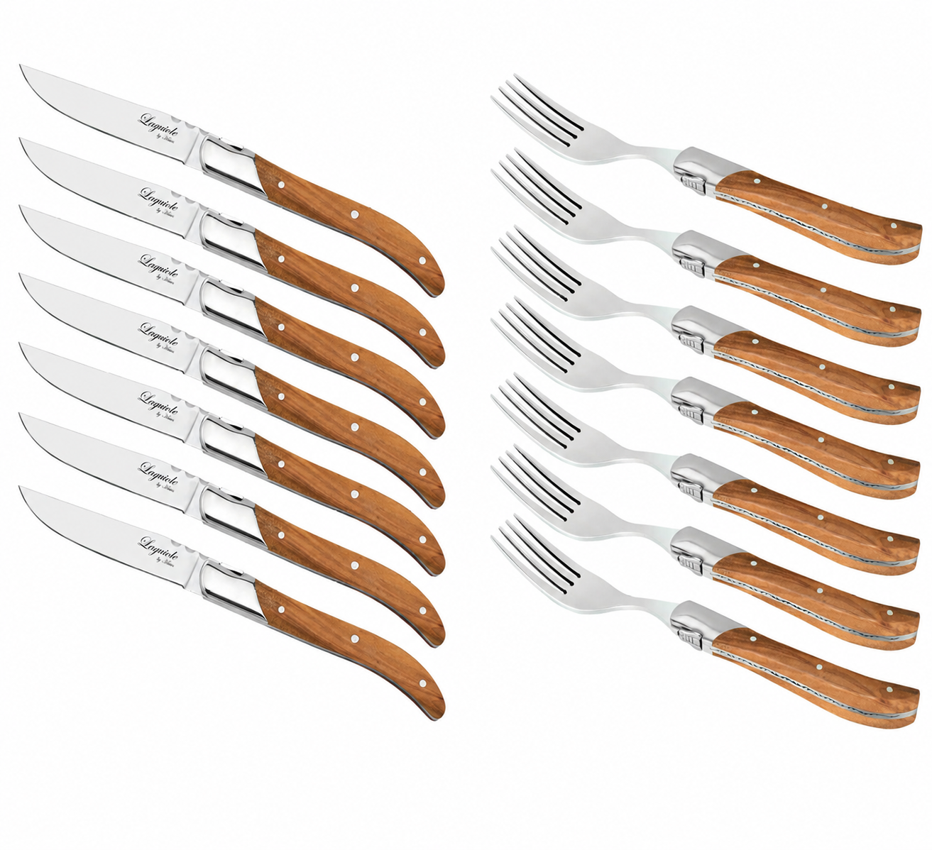 Laguiole Steakbestik i Oliventræ – Sæt med 6 Steakknive & 6 Steakgafler