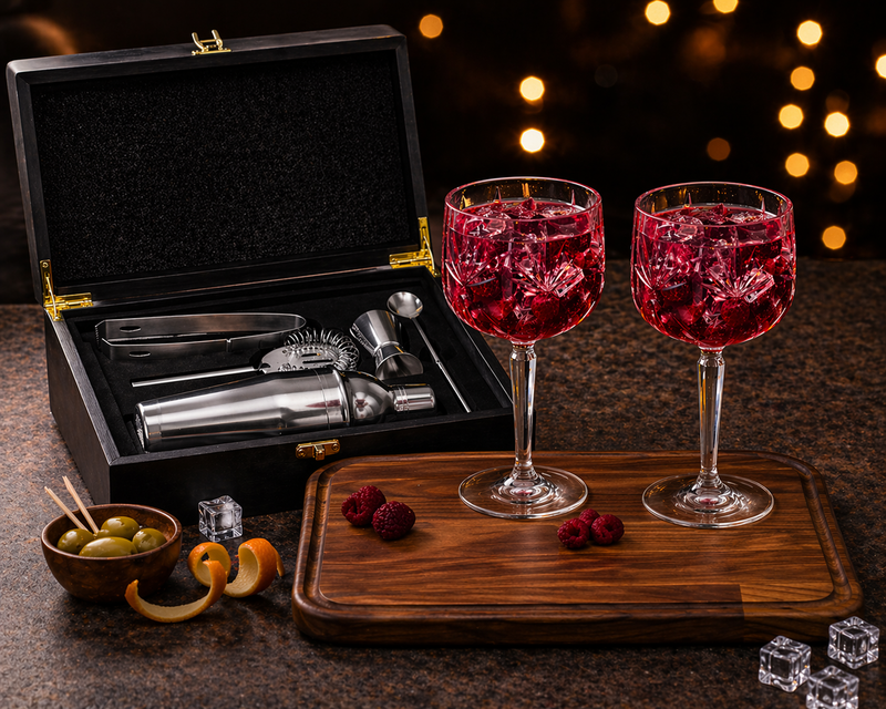 Eksklusivt Cocktail Bundle – Laguiole Barsæt, Legnoart Skærebræt &amp; 2 Ginglas