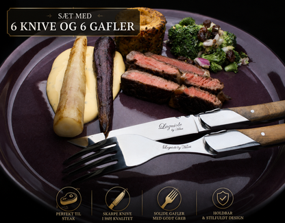 Laguiole Steakbestik i Oliventræ – Sæt med 6 Steakknive & 6 Steakgafler