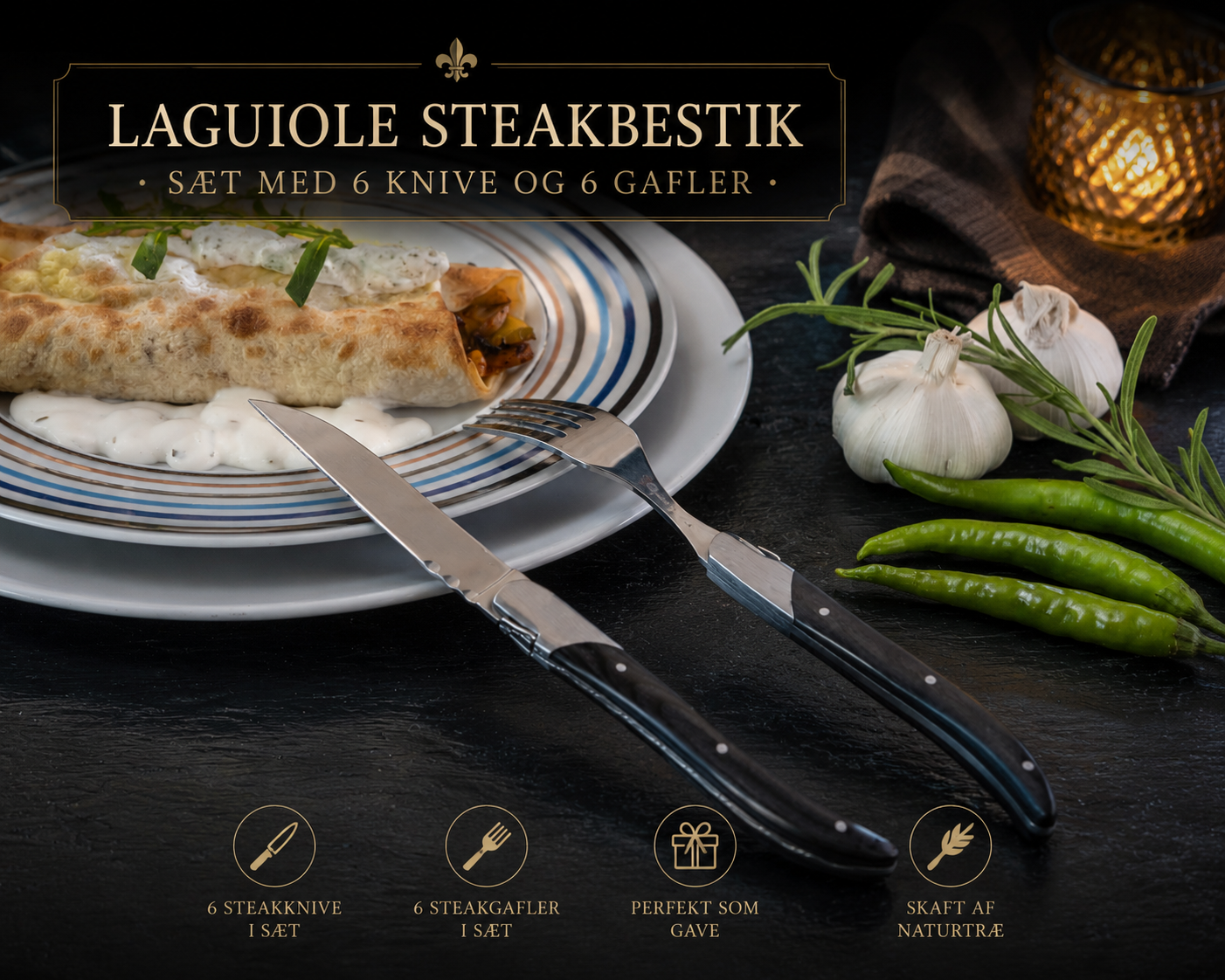 Laguiole Steakbestik i sort Ibenholt – Sæt med 6 Steakknive & 6 Steakgafler