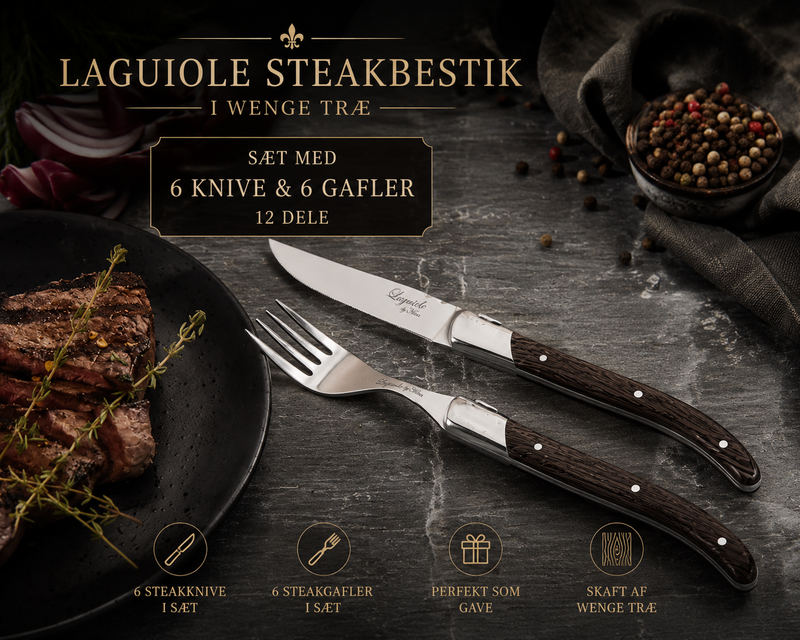 Laguiole Steakbestik i Wenge træ – Sæt med 6 Steakknive & 6 Steakgafler