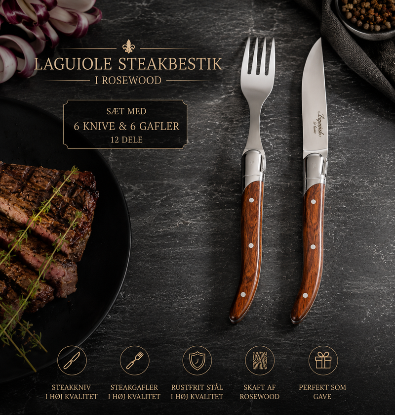 Laguiole Steakbestik i Rosewood – Sæt med 6 Steakknive & 6 Steakgafler