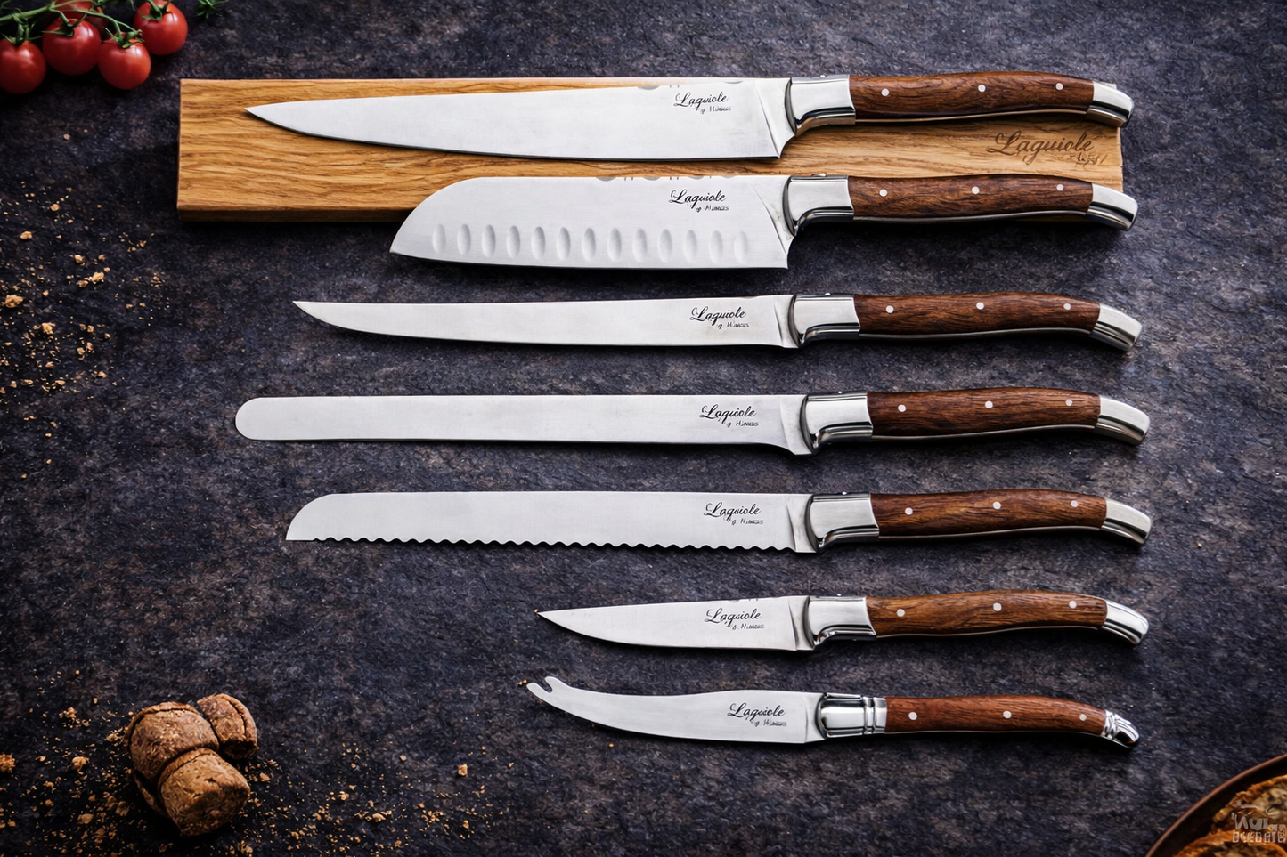 Laguiole kokkeknive 7 knive med Rosewood skaft + Laguiole knivmagnet til væg