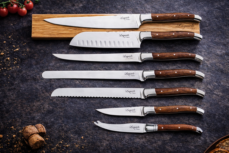 Laguiole kokkeknive 7 knive med Rosewood skaft + Laguiole knivmagnet til væg
