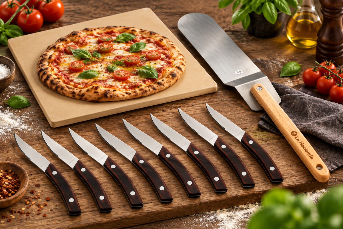 Legnoart NAPOLI Pizzasæt – 8 knive, pizzaspade & pizzasten