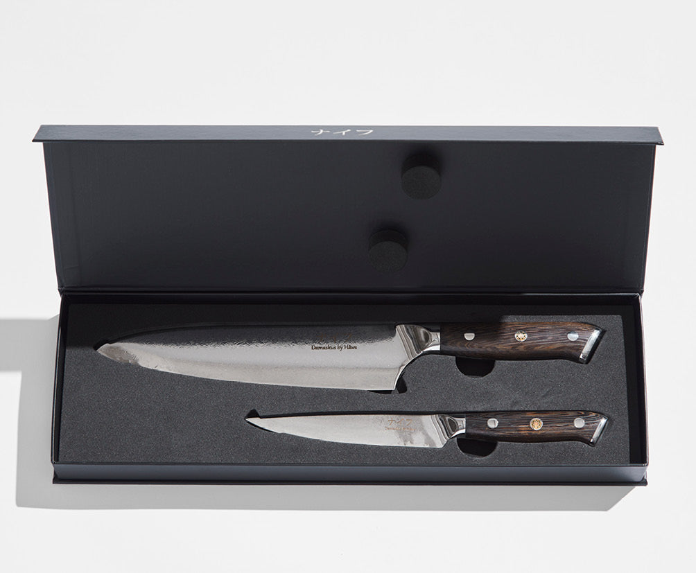 Damascus Chef kniv og Utility kniv + Witloft Læderforklæde Buffalo Cognac