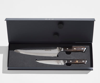Damascus Chef kniv og Utility kniv + Witloft Læderforklæde Buffalo Cognac