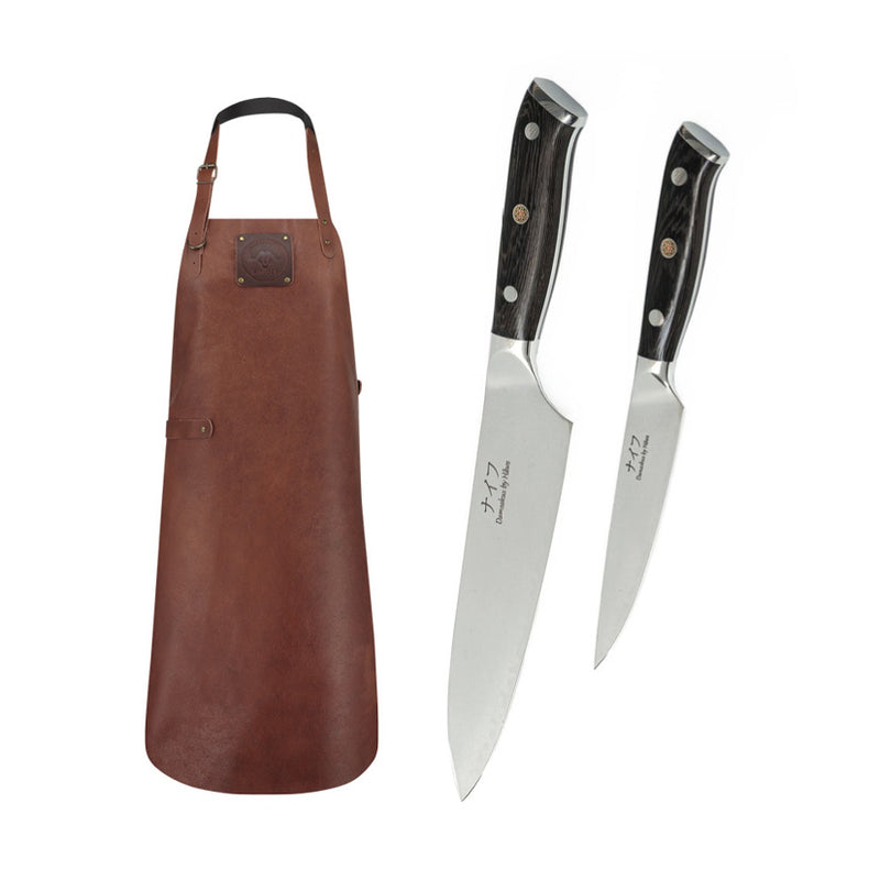 Damascus Chef kniv og Utility kniv + Witloft Læderforklæde Buffalo Cognac