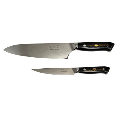Damascus Chef kokkekniv og Utility kniv med sort skaft