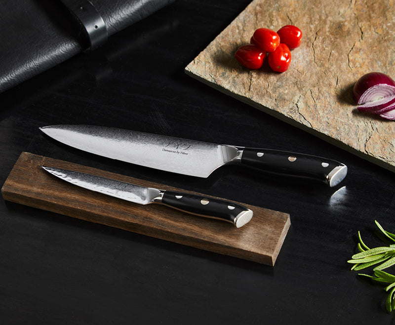 Damascus Chef kokkekniv og Utility kniv med sort skaft