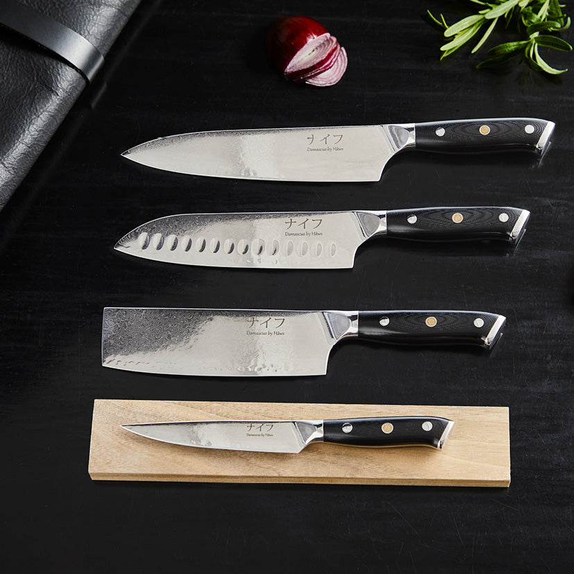 Damascus kokkeknive med sort skaft