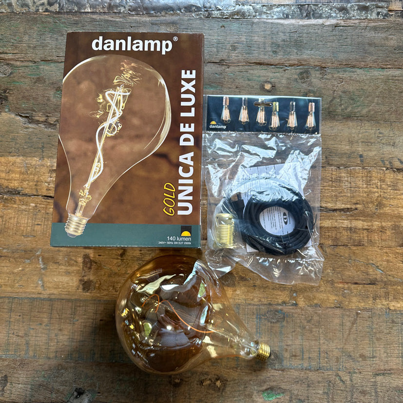 LAMPE + STOFLEDNING MED MESSING FATNING - DANLAMP UNICA DE LUXE GOLD L