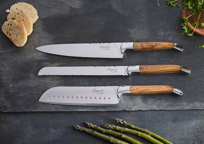 Laguiole kokkeknive 3 stk i oliventræ med bambus skærebræt