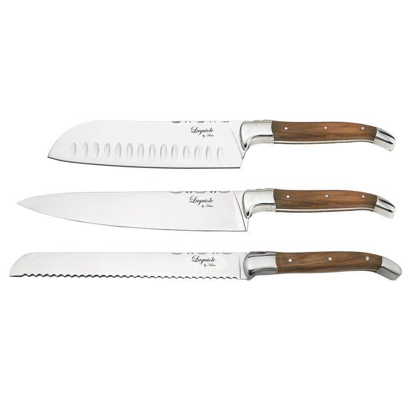 Laguiole kokkeknive 3 stk i oliventræ med bambus skærebræt