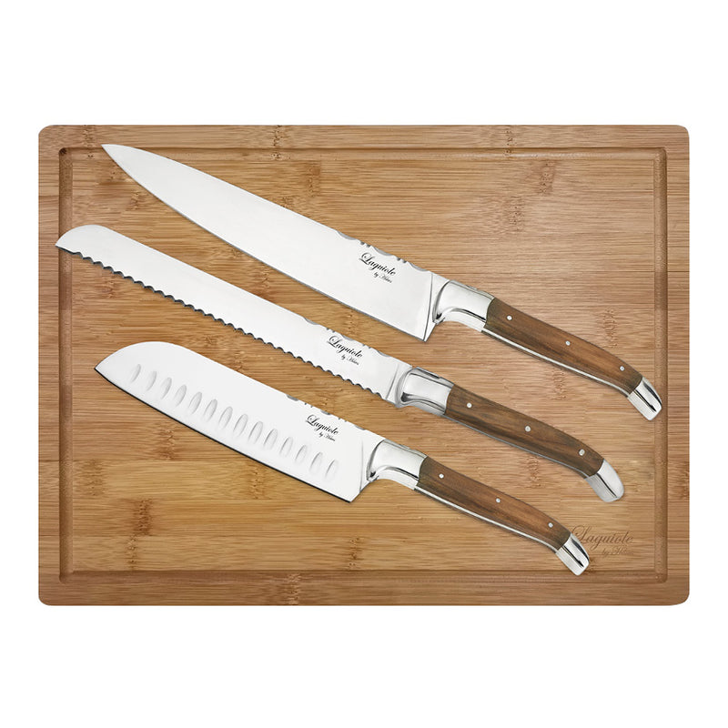 Laguiole kokkeknive 3 stk i oliventræ med bambus skærebræt