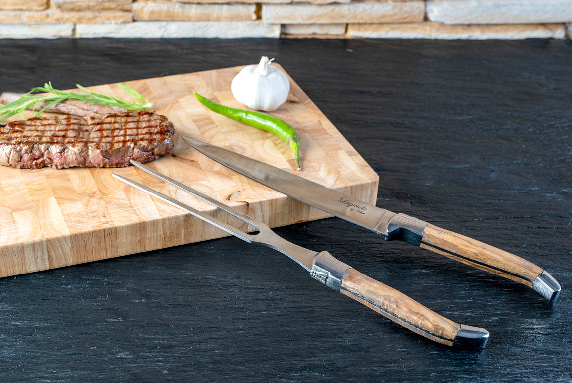 Laguiole pakkeløsning Knive, gafler og forskæresæt med oliventræ skaft