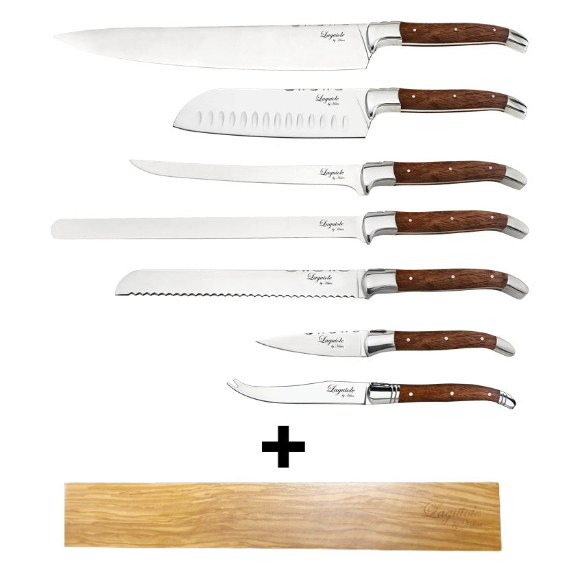 Laguiole kokkeknive 7 knive med Rosewood skaft + Laguiole knivmagnet til væg