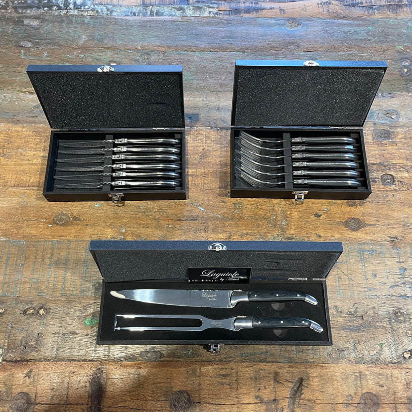 Laguiole pakkeløsning Knive, gafler og forskæresæt med sort ibenholt skaft