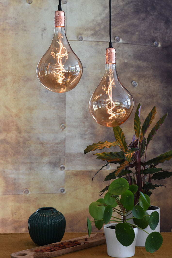 2 stk. LAMPER + STOFLEDNINGER MED KOBBER FATNING - DANLAMP UNICA DE LUXE GOLD L