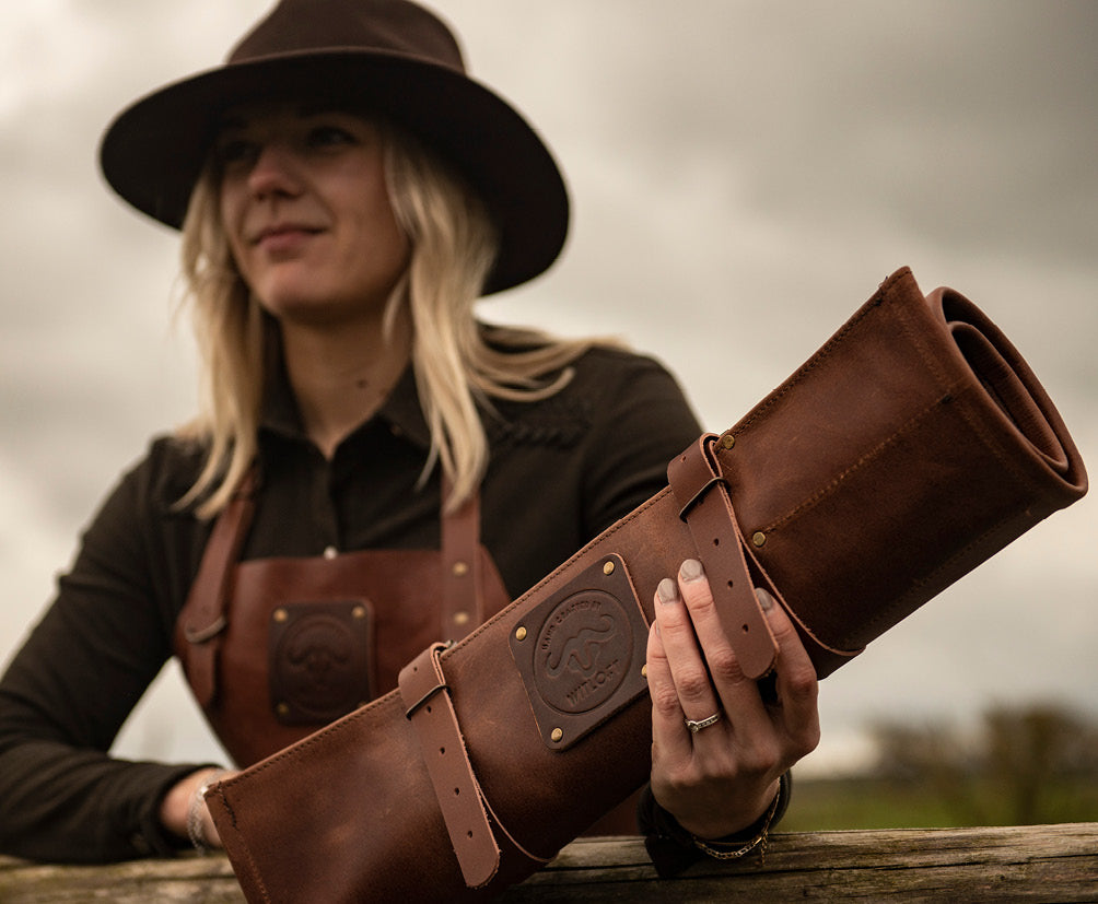 Damascus Chef kniv og Utility kniv + Witloft Læderforklæde Buffalo Cognac