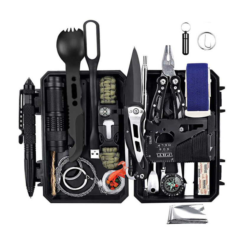 Overlevelsessæt til vildmarkstur i vandtæt etui