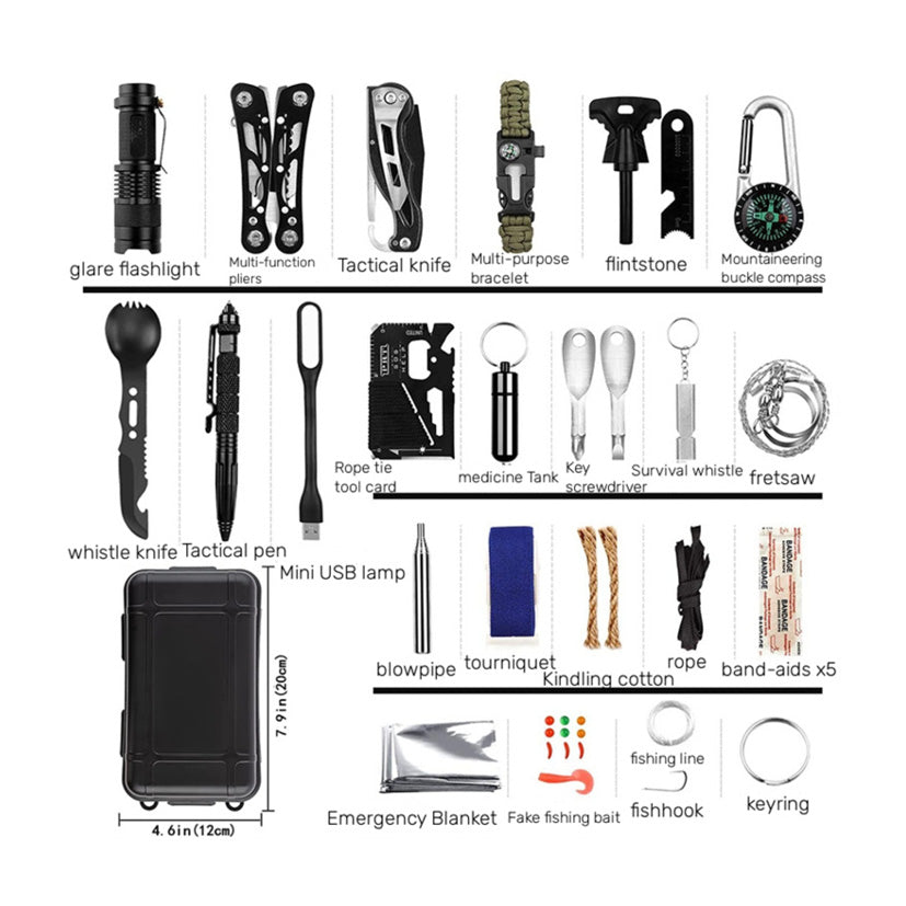 Overlevelsessæt til vildmarkstur i vandtæt etui